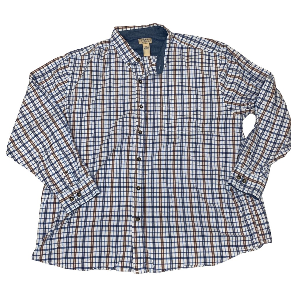 Blue Mountain Men's 2XL Plaid Button Front Shirt Blue Brown White 100% Cotton